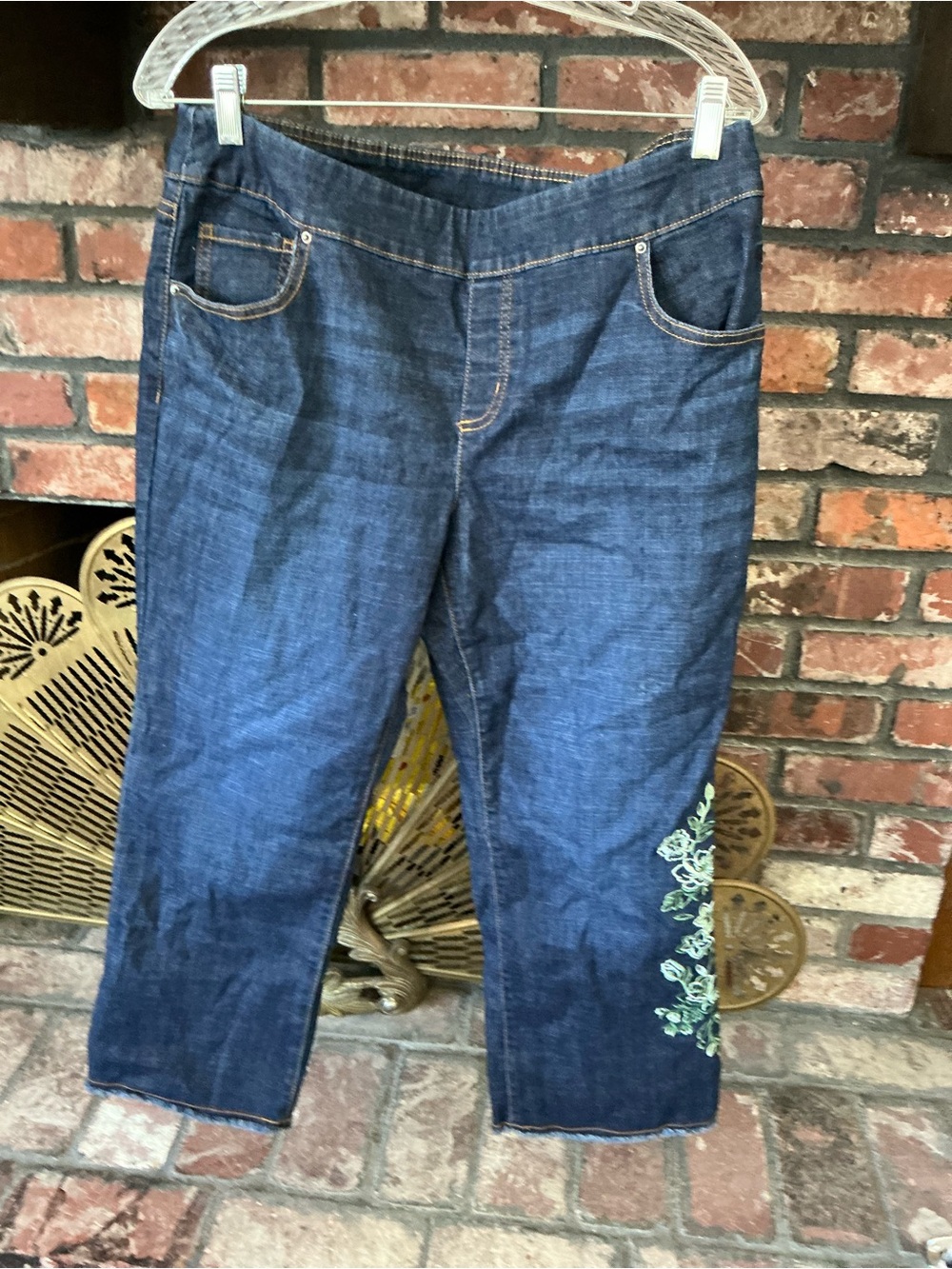 The Pioneer Woman Dark Indigo Cropped Jeans with Green Floral Embroidery